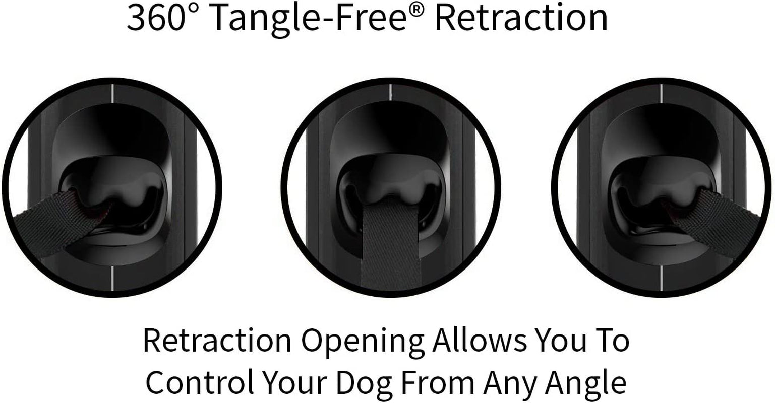 360° Tangle-Free Retractable Dog Leash with Anti-Slip Handle | 16 Ft Strong Nylon Tape | One-Handed Brake, Pause, Lock (Large, Black/Grey)