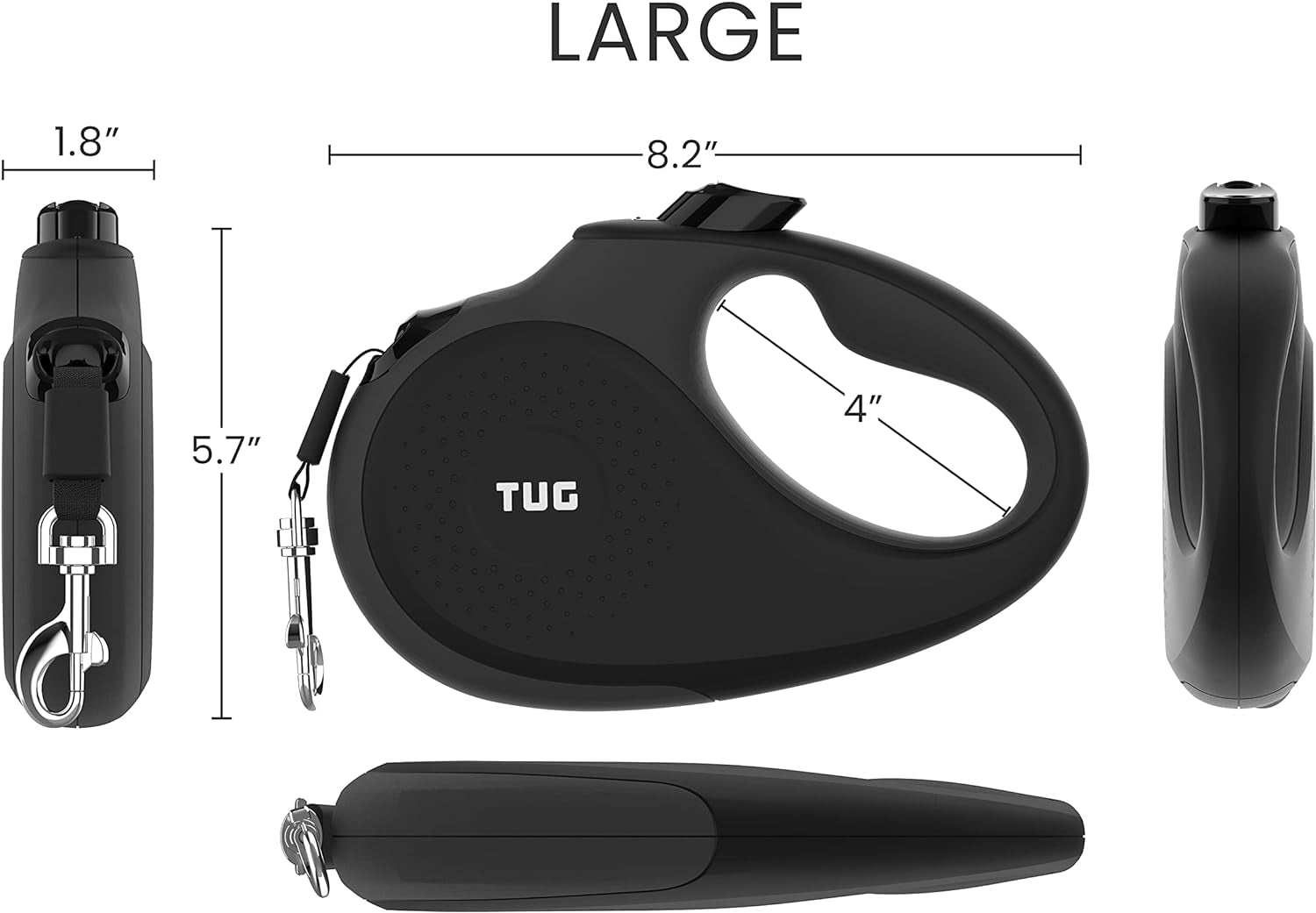 360° Tangle-Free Retractable Dog Leash with Anti-Slip Handle | 16 Ft Strong Nylon Tape | One-Handed Brake, Pause, Lock (Large, Black/Grey)