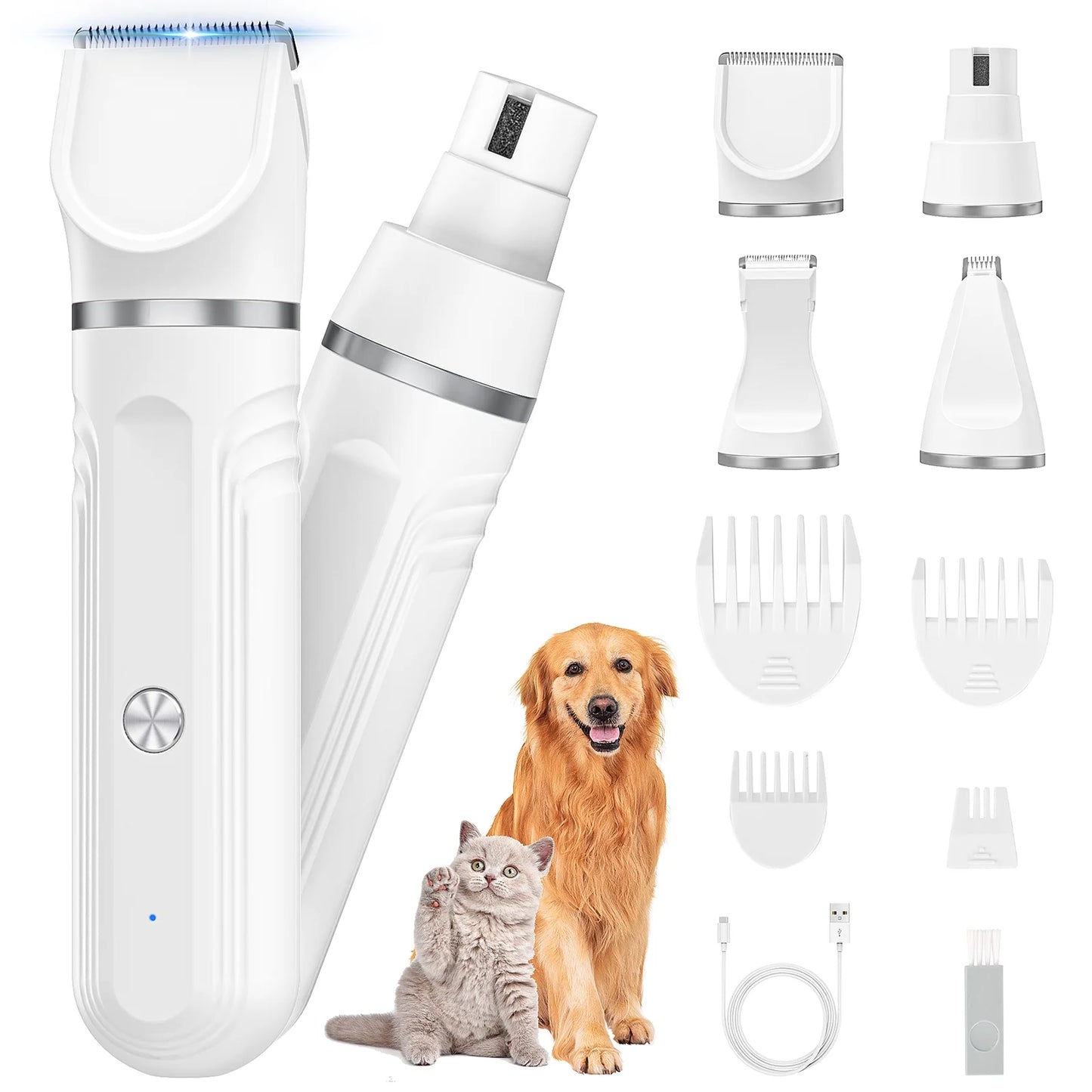 4 in 1 Dog Clippers, Low Noise Pets Hair Clipper Grooming Kit, Cordless Dog Paw Trimmers Rechargeable Quiet Nail Grinder Shaver for Dogs Cats Trimming Hair around Paws Eyes Ears Face Rump